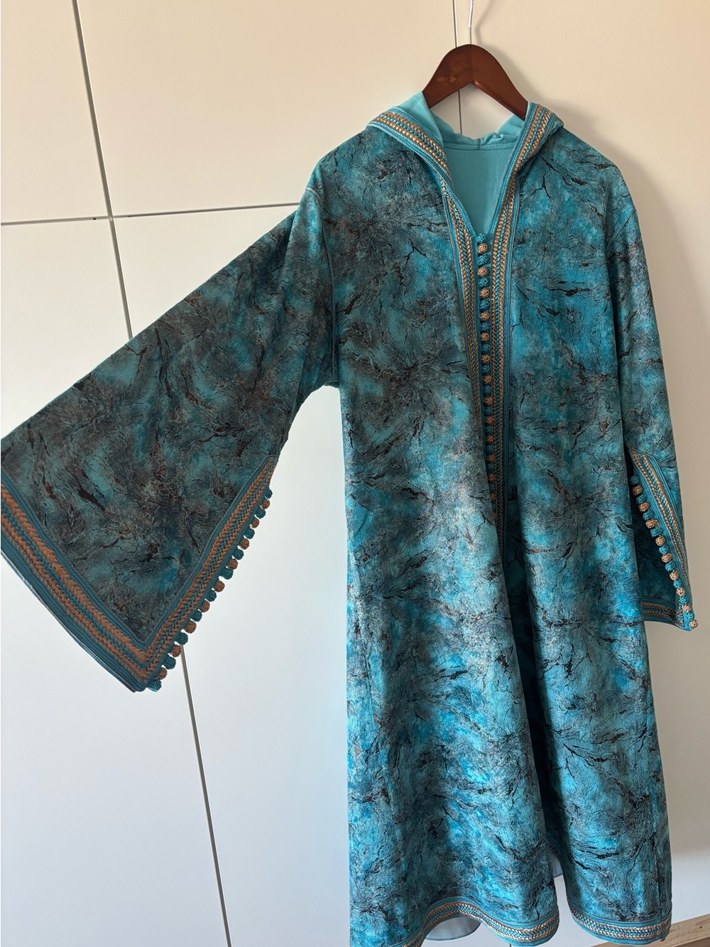 Authentic Moroccan Hooded Caftan, Turquoise Blue, Embroidered Cuffs.